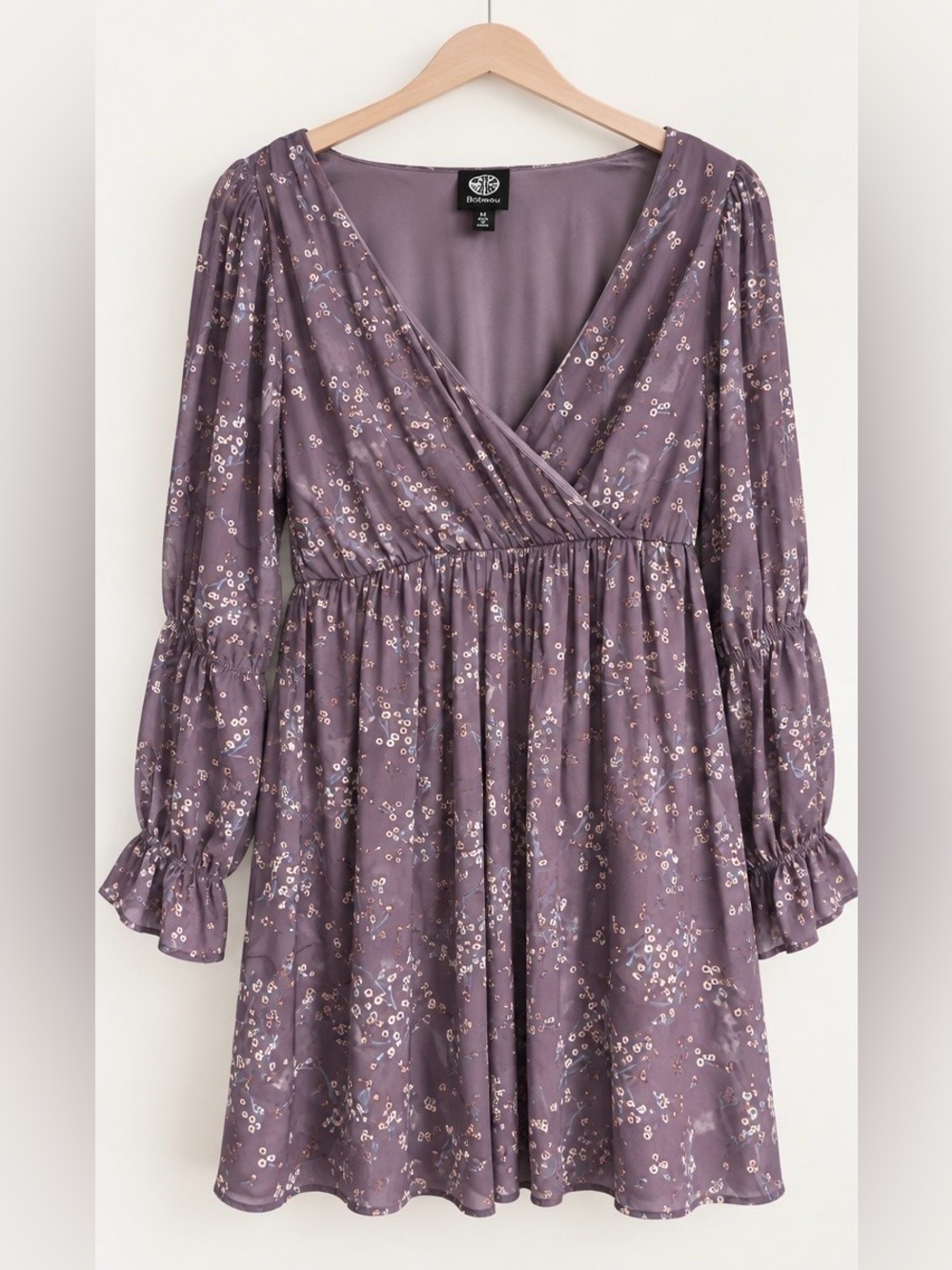 NWOT Bobeau Lavender Floral Faux Wrap Mini Dress Ruffle Sleeve M